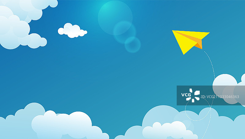 抽象矢量黄色折纸飞机在蓝天白云里飞翔，儿童教育商务素材背景图片素材