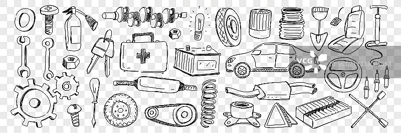 汽车维修涂鸦工具套装图片素材