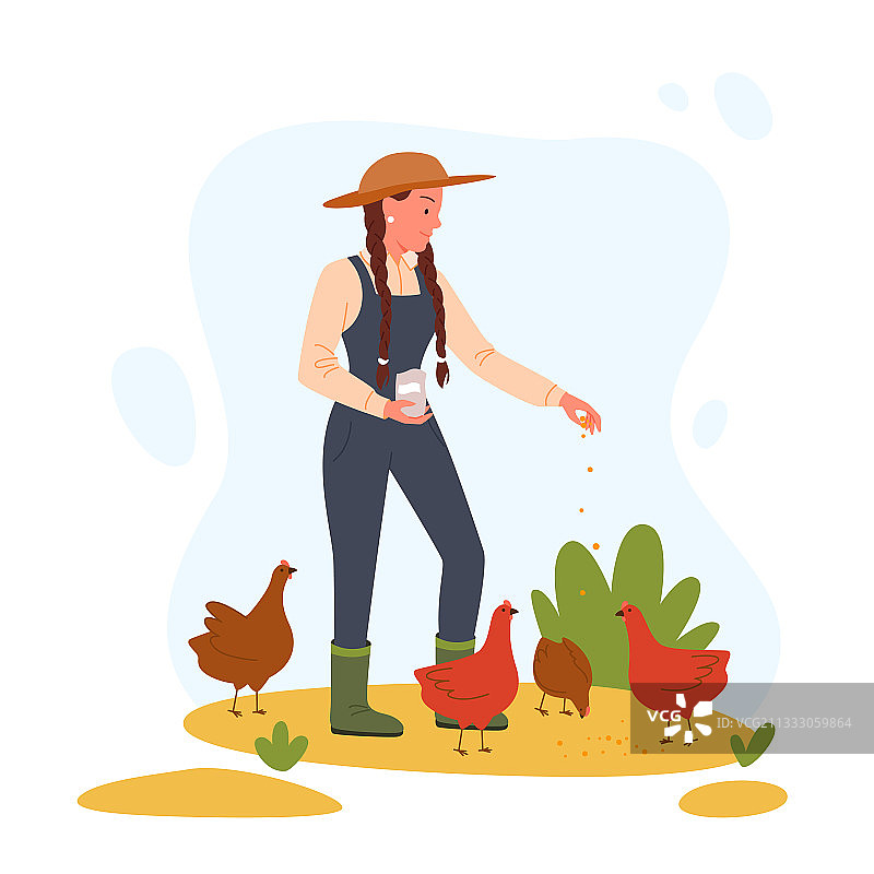农场工人喂养母鸡图片素材