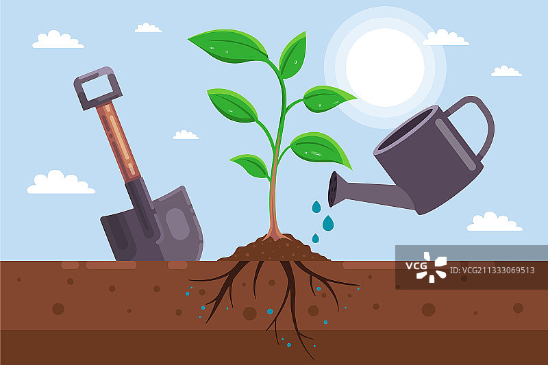 在地上种植幼苗的园艺工具图片素材