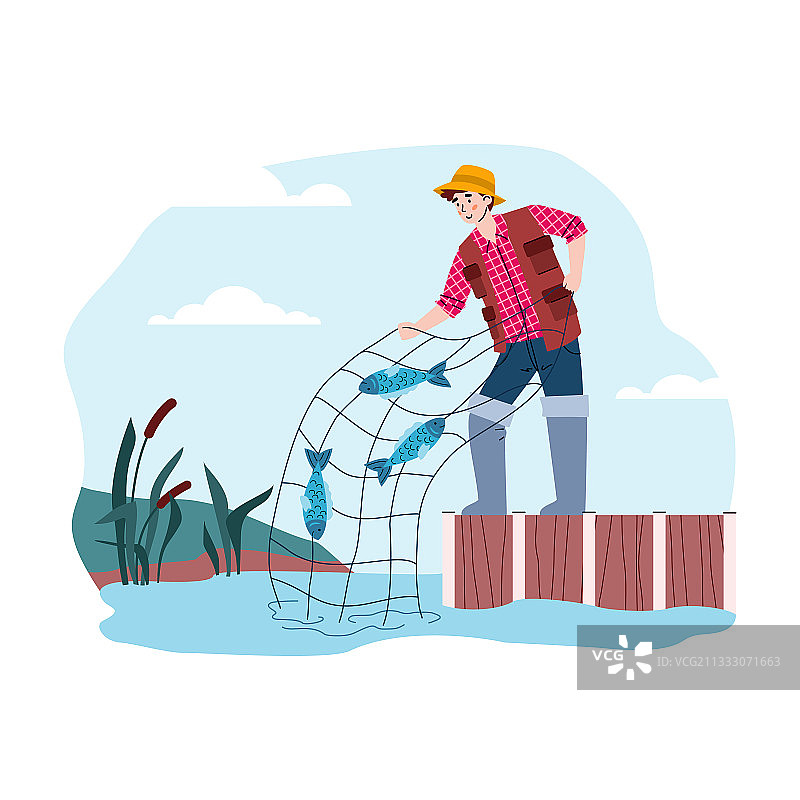 快乐的渔夫拉着渔网捕鱼图片素材