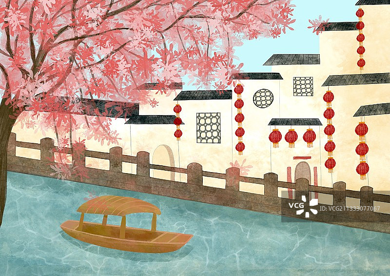 旅游圣地,古典风格,艺术,房子,建筑,船,红色花,树,风景画图片素材