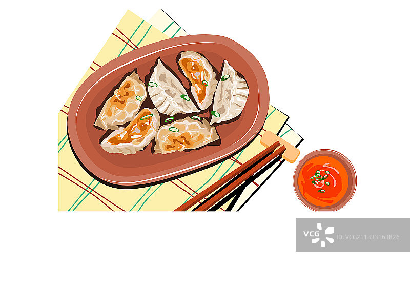 炸饺子配酱汁和筷子图片素材