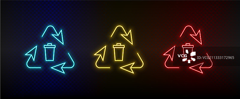 霓虹灯图标垃圾桶环保套装红蓝配色图片素材