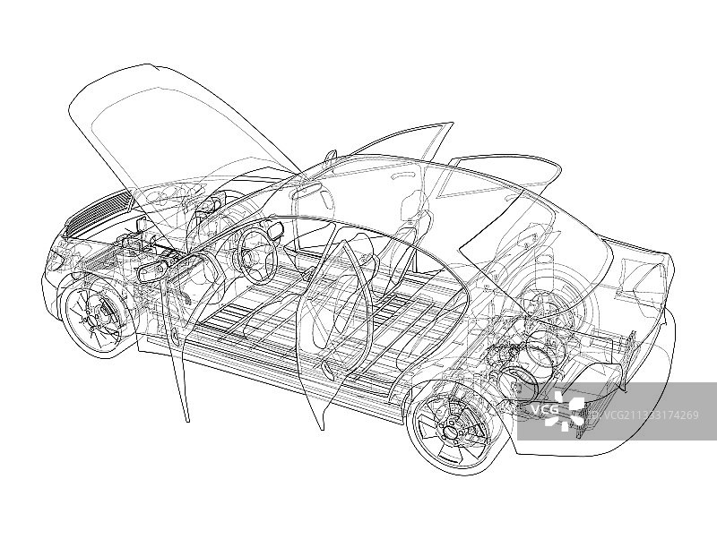 带有底盘的电动汽车3D渲染图片素材