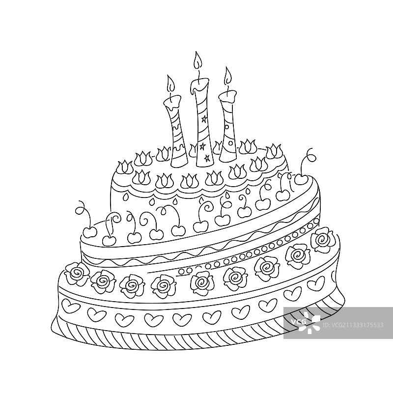 三个蜡烛的涂鸦蛋糕轮廓图片素材