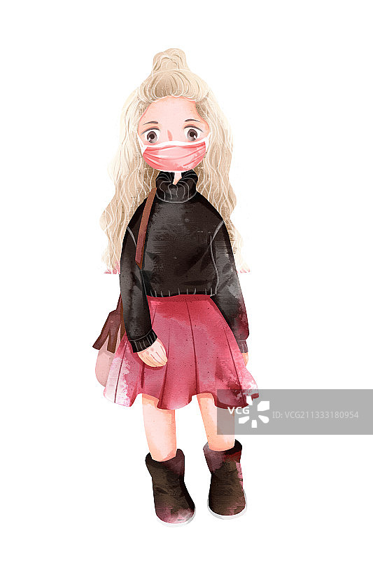 预防流感生活之女孩出门戴口罩插画图片素材