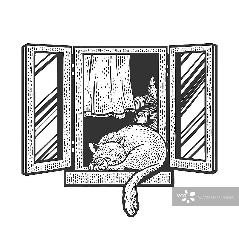 猫咪在窗边小憩素描图片素材
