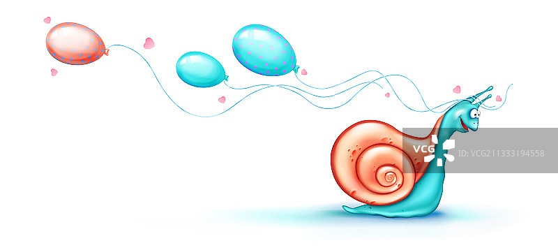 可爱的蜗牛带着飞行气球和爱心爬行图片素材