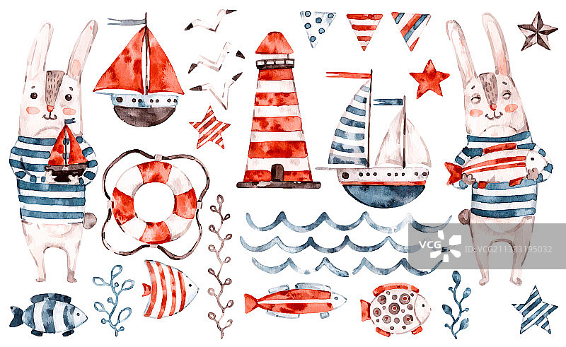 水彩兔子水手航海风图片素材
