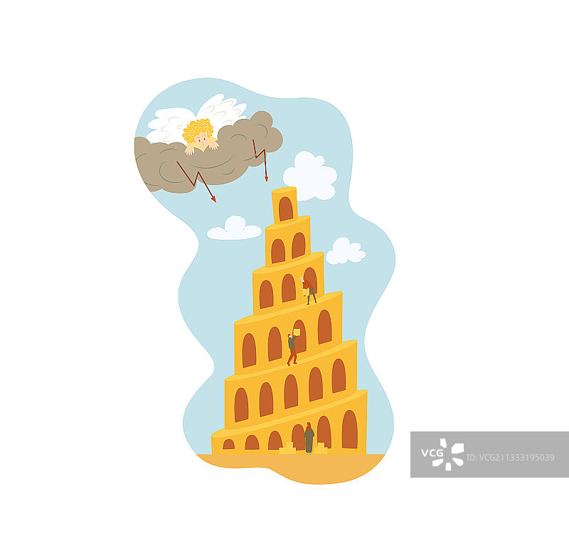 白色背景上孤立的巴别塔圣经故事图片素材