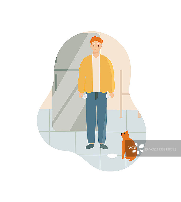 男子站在厨房前，展示空口袋图片素材