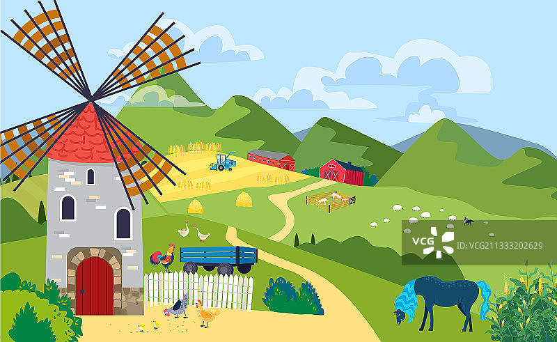 山区农场与磨坊景观图片素材