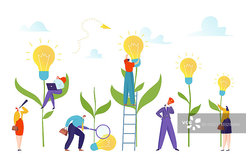 灯泡与微型人物新创意概念图片素材