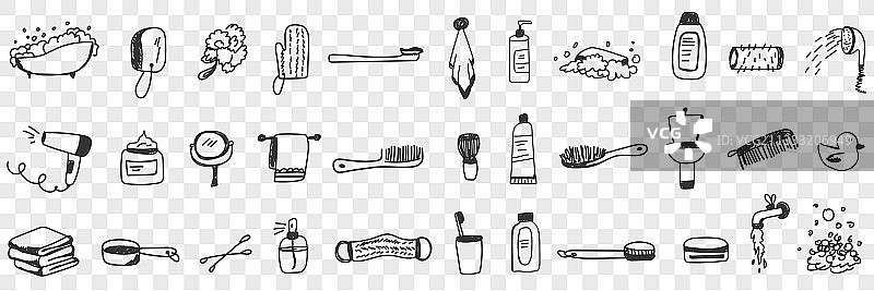 沐浴化妆品和工具涂鸦套装图片素材