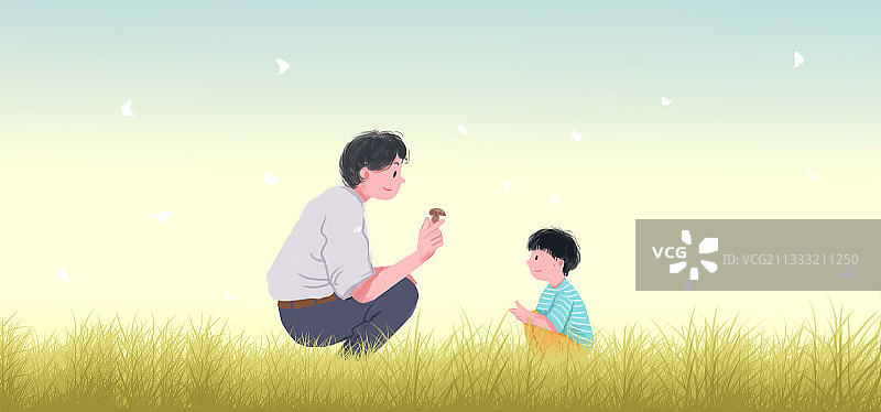 亲子互动父亲节爸爸孩子户外体验生活方式温馨插画图片素材