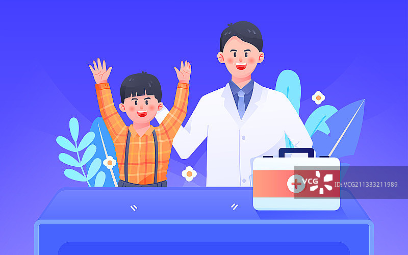 卡通医生医疗儿童感冒发烧健康保险矢量插画图片素材