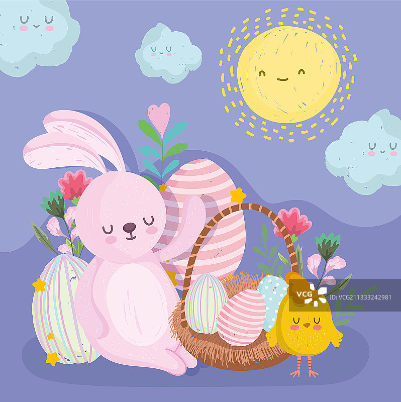 拿着篮子里鸡蛋的可爱复活节兔子图片素材