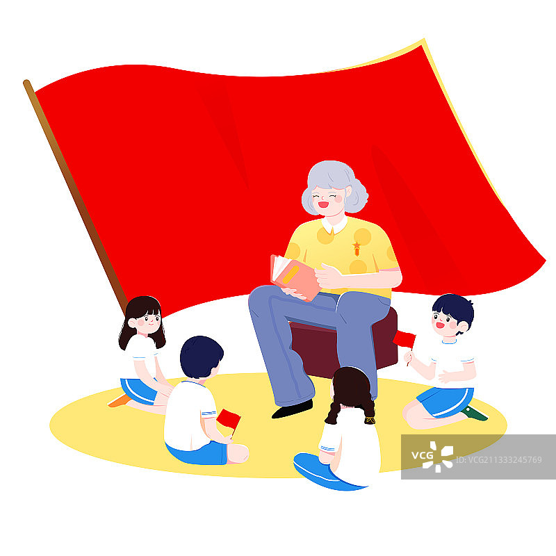 老人在红旗下给儿童讲故事建党节矢量插画元素图片素材