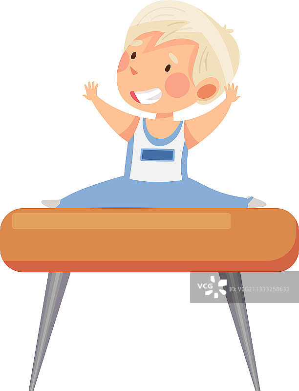 笑容灿烂的男孩在鞍马上练习跳马图片素材