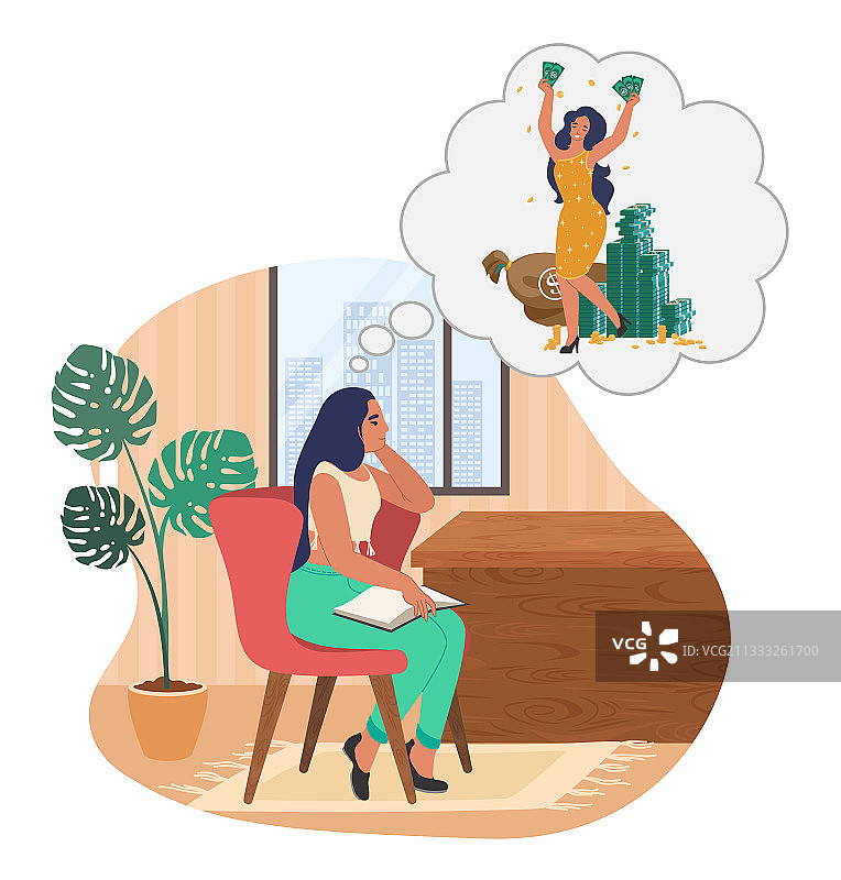梦想着金钱的年轻女人图片素材