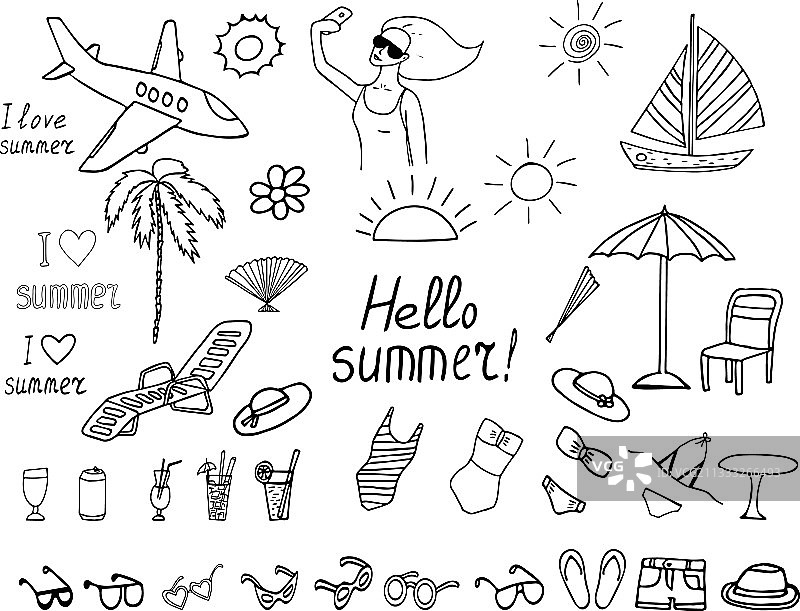 夏季假期图标草图手绘涂鸦图片素材