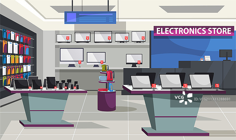 带展示柜的消费电子产品商店内景图片素材