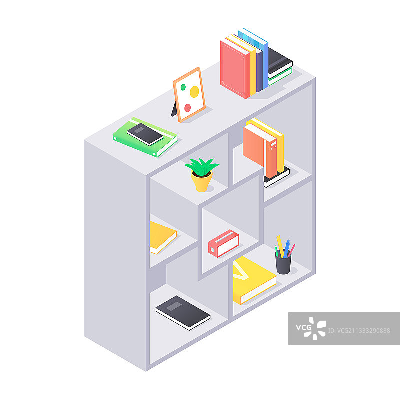 灰色木质书架上的书籍和办公用品图片素材