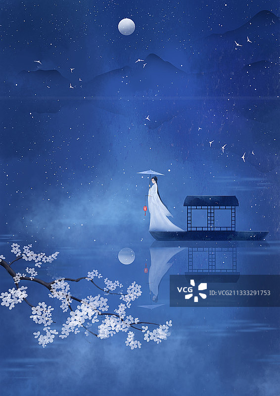国风意境插画夜晚小舟上提灯的白衣少女图片素材
