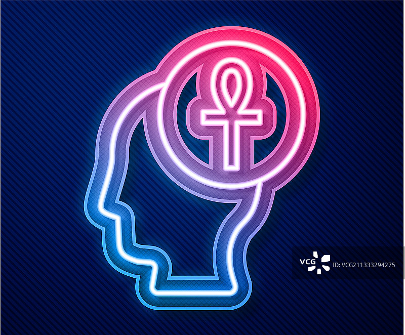 蓝色背景上发光的霓虹线十字生命之符图标图片素材