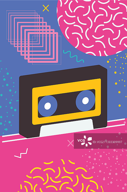 孟菲斯风格背景上的复古卡带图片素材