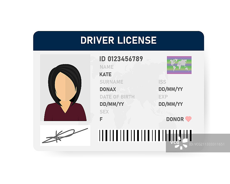 白色背景上的逼真女性驾驶证图片素材