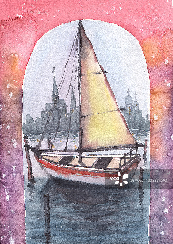 水彩插画 城门外的帆船图片素材