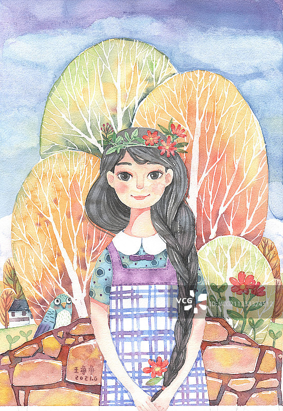 水彩插画 站着的女孩图片素材