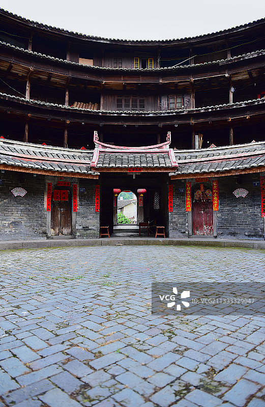 福建省龙岩市福建土楼永定景区南溪土楼群环极楼航拍图片素材