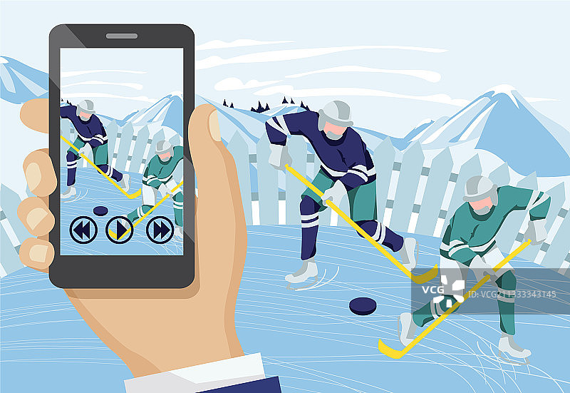 手持设备拍摄冰球运动员图片素材