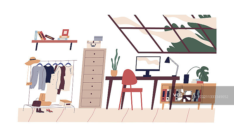 带衣柜和工作区的现代家居内饰图片素材