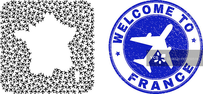 欢迎划痕印章和法国地图航空公司图片素材