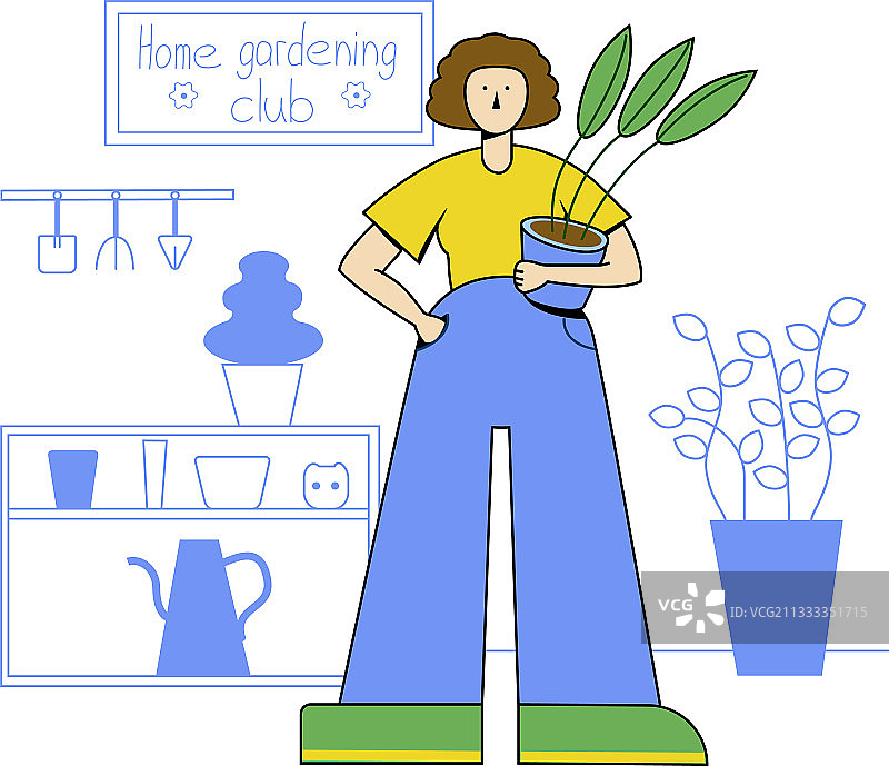 拿着盆栽的扁平风格女人图片素材