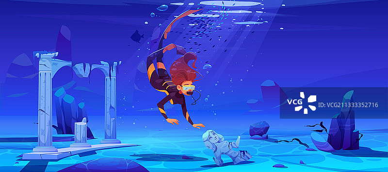 在海底沉没古城潜水的女人图片素材