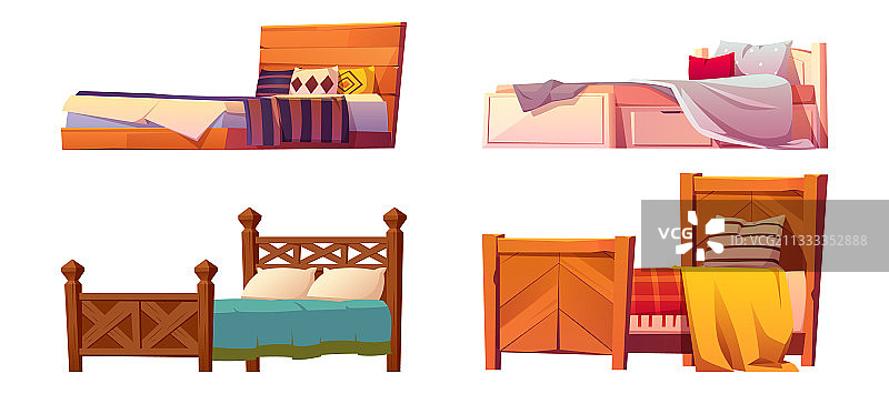 带毯子和枕头的卡通木床图片素材