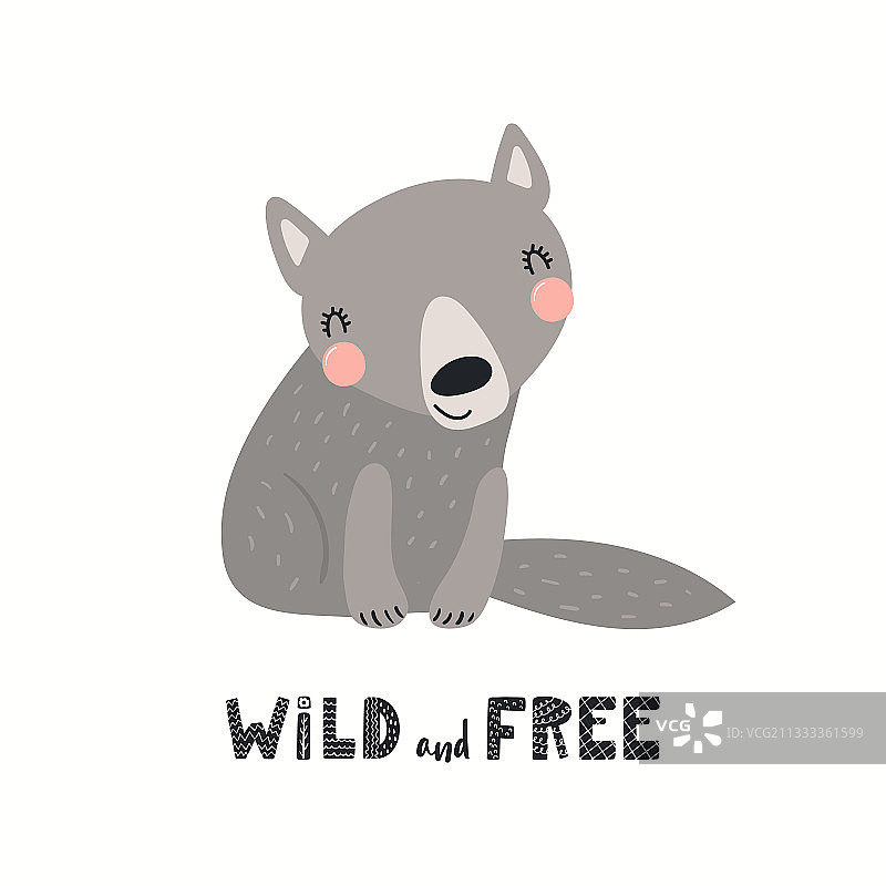 可爱的卡通狼角色文字： 狂野自由图片素材