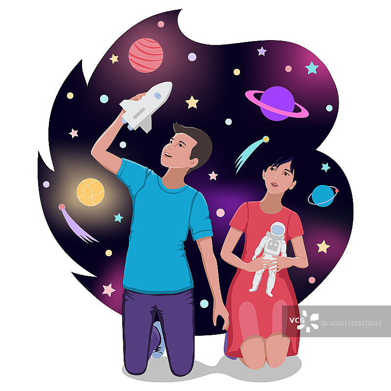 孩子们扮演宇航员梦想太空旅行图片素材