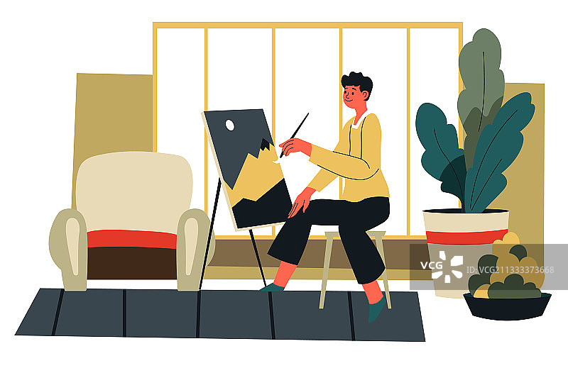 艺术家在客厅的画架上绘画图片素材