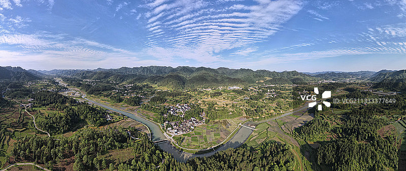 贵州省遵义市凤冈县土溪镇大连村，新车河缓缓流动，两岸的耕地图片素材