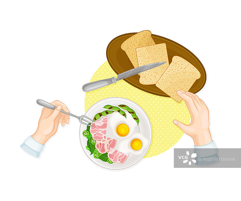 手持叉子吃炒鸡蛋和火腿图片素材