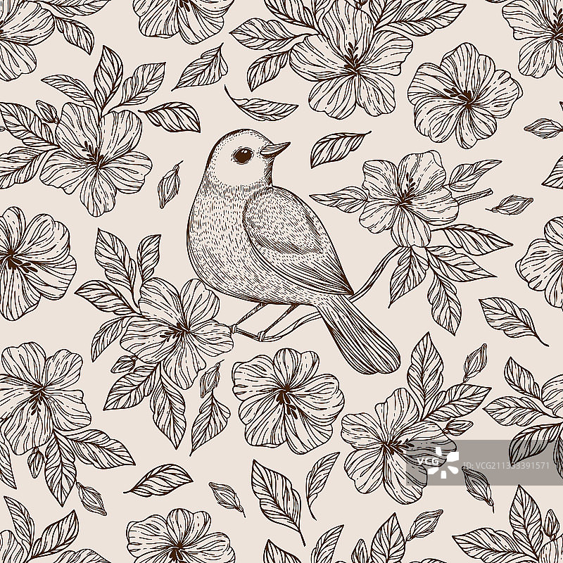 花丛中的夜莺无缝图案图片素材
