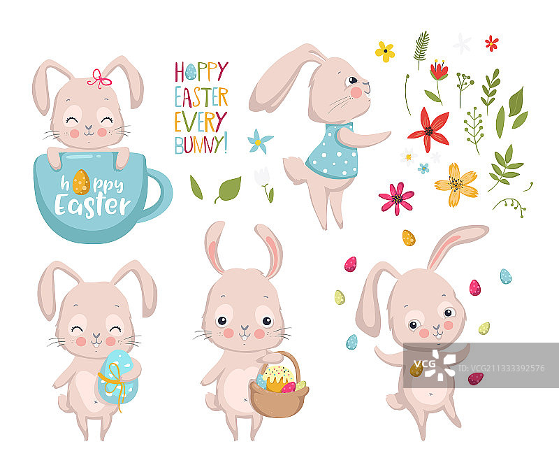 复活节可爱兔子元素套装图片素材