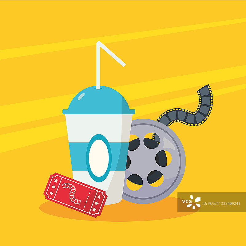 带有苏打饮料和票的卷盘磁带电影图片素材