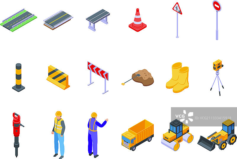 高速公路施工图标集2.5D风格图片素材